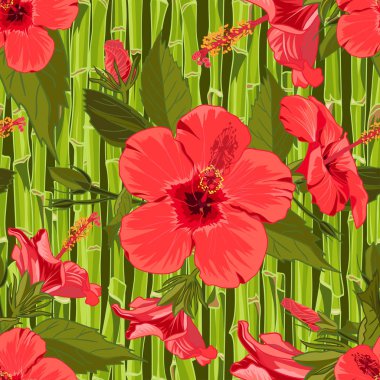 Dikişsiz el tropikal orman egzotik hibiscus çiçek desenle bambu zemin üzerine çekilmiş.