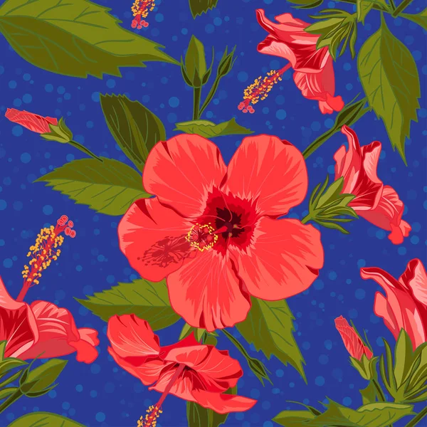 Patrón tropical dibujado a mano sin costuras con flor de hibisco exótico de la selva sobre fondo azul oscuro — Vector de stock