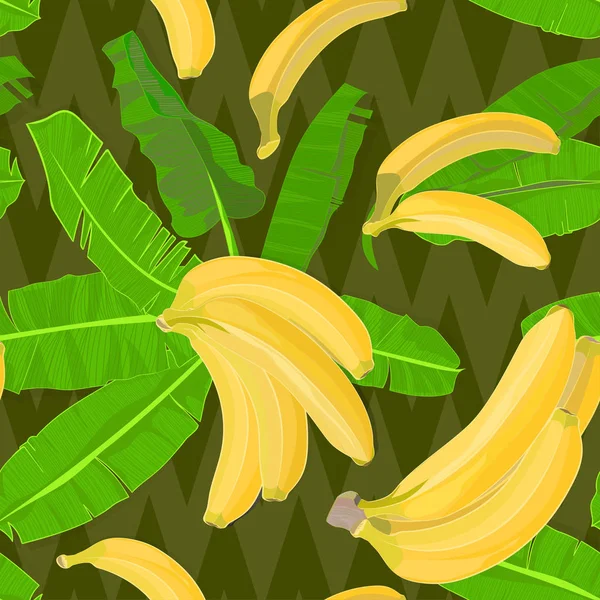 Patrón tropical dibujado a mano sin costuras con hojas de palma, hoja exótica de la selva y fruta de plátano sobre fondo geométrico oscuro — Vector de stock