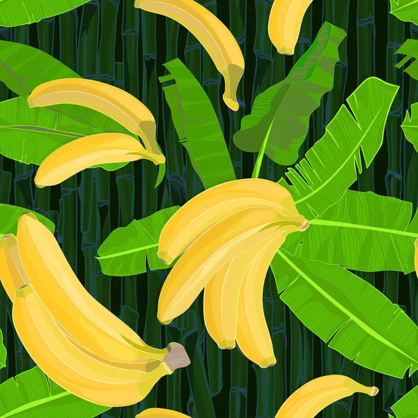 Patrón tropical dibujado a mano sin costuras con hojas de palma, hoja exótica de la selva y fruta de plátano sobre fondo de bambú oscuro — Vector de stock