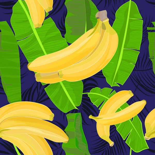 Modello tropicale disegnato a mano senza cuciture con foglie di palma, foglie esotiche della giungla e frutti di banana su sfondo scuro — Vettoriale Stock