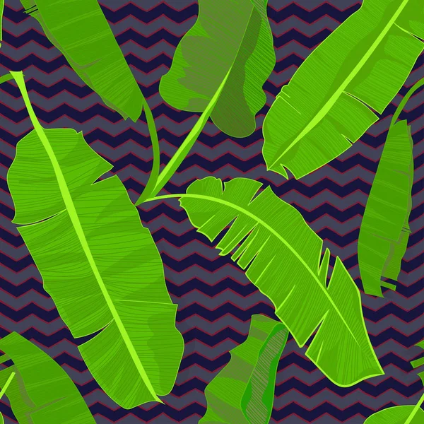 Ręka bezszwowe ciągnione tropikalny wzór z palm bananowych liści, dżungla egzotyczny liść na ciemnym tle — Wektor stockowy