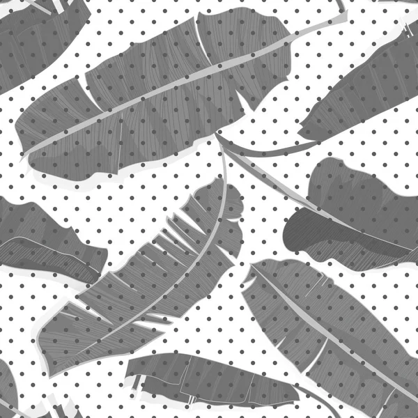 Бесшовный ручной рисунок тропический узор с пальмовыми листьями банана, джунгли экзотический лист в черно-белом цвете на фоне горошек точка — стоковый вектор