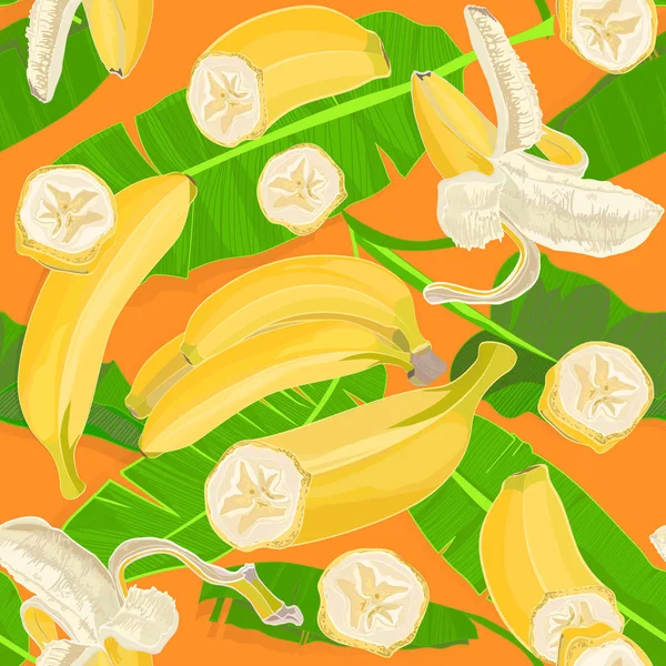 Απρόσκοπτη χέρι συρμένο τροπικό μοτίβο με palm φύλλα, εξωτικά φύλλα και μπανάνα φρούτα ζούγκλα σε πορτοκαλί φόντο — Διανυσματικό Αρχείο
