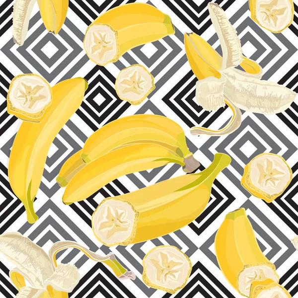 Απρόσκοπτη χέρι τροπικό μοτίβο με φρούτα μπανάνα σε γεωμετρικό υπόβαθρο — Διανυσματικό Αρχείο