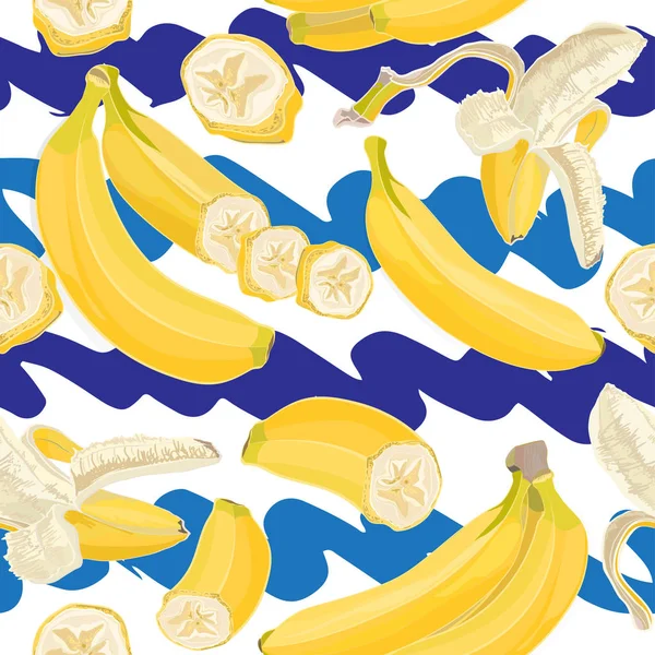 Modello tropicale disegnato a mano senza cuciture con frutta a banana su sfondo bianco e blu — Vettoriale Stock