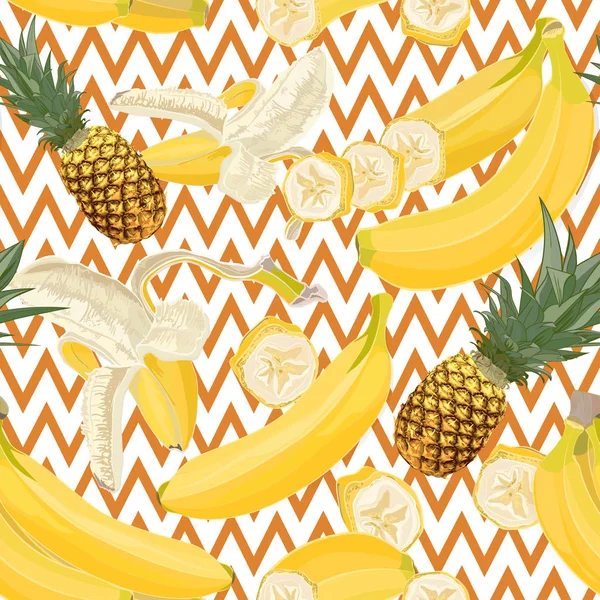 Varrat nélküli kézzel rajzolt trópusi minta banán és ananász gyümölcs geometriai háttérrel — Stock Vector