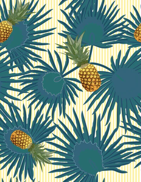 Modello tropicale senza cuciture con ananas, foglie di palma esotiche su sfondo scuro . — Vettoriale Stock