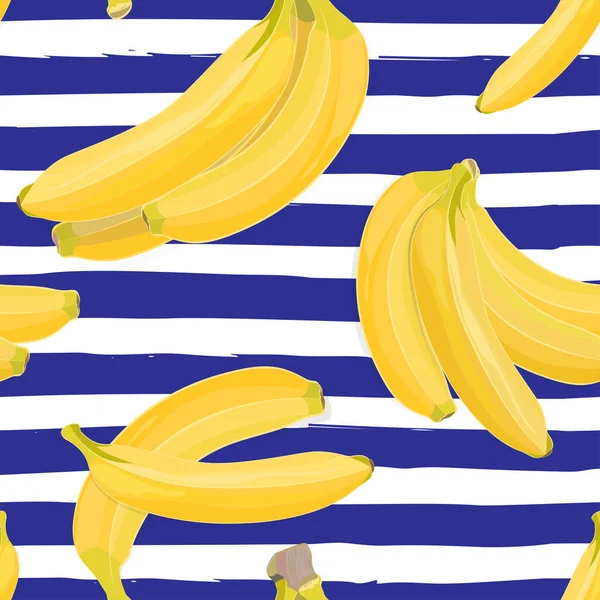 Modello tropicale disegnato a mano senza cuciture con frutta a banana su sfondo bianco e blu — Vettoriale Stock