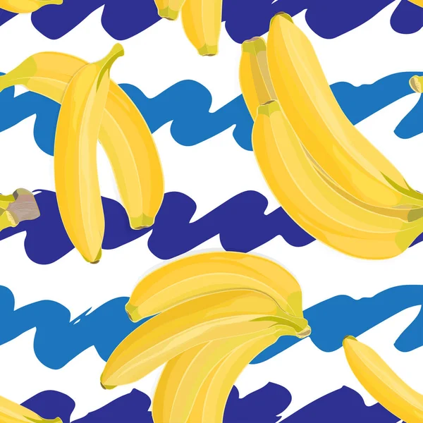 Modello tropicale disegnato a mano senza cuciture con frutta a banana su sfondo bianco e blu — Vettoriale Stock