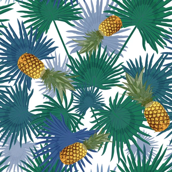Tropická vzor bezešvé s ananasy, exotické palmové listy na bílém pozadí. — Stockový vektor