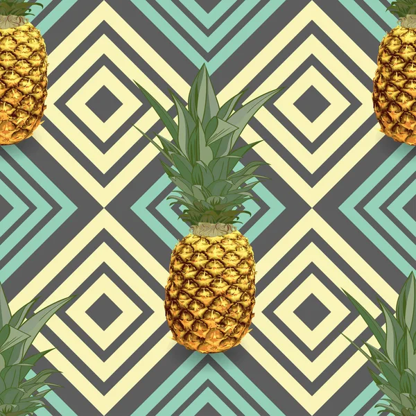 Tropická vzor bezešvé s ananasy, exotické palmové listy na tmavém pozadí geometrické. — Stockový vektor