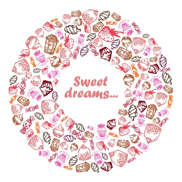 Conjunto de ícones de rabiscos pintados à mão com comida, sorvete, muffins, doces, frutas. Preenchido em forma de anel de donut Texto Sonhos doces —  Vetores de Stock