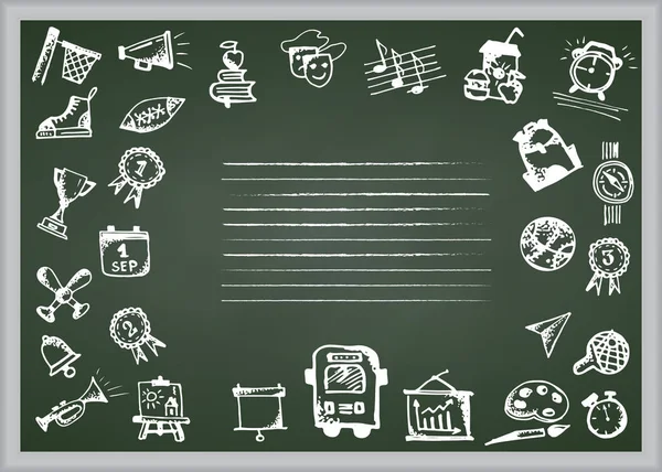 Back to school. Hand drawn school icons and symbols on chalkboard. With place for your text