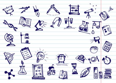 Okula dönüş. Elle çizilmiş okul simgeler ve semboller, defter sayfa. Metniniz için yer