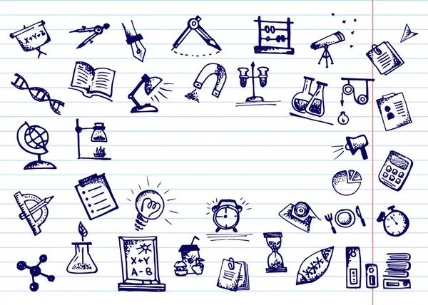 Okula dönüş. Elle çizilmiş okul simgeler ve semboller, defter sayfa. Metniniz için yer
