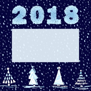 Metninizi kesintisiz gece karlı zemin üzerinde Noel ağaçları, numaraları 2018 ve yer ile güzel yeni yıl kartı. Vintage kroki çizilmiş
