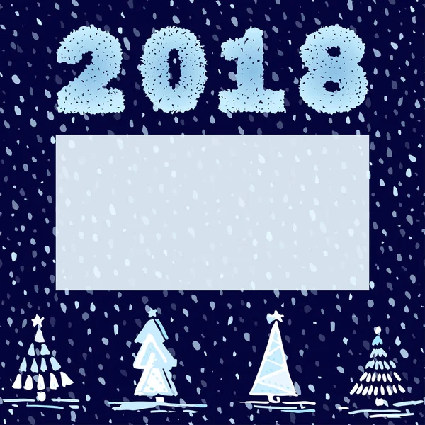 Metninizi kesintisiz gece karlı zemin üzerinde Noel ağaçları, numaraları 2018 ve yer ile güzel yeni yıl kartı. Vintage kroki çizilmiş