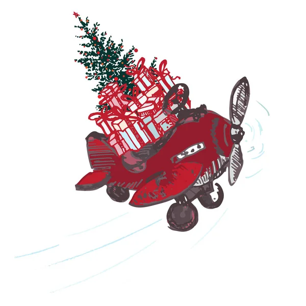 Carte de Noël festive. Avion rouge avec sapin décoré boules rouges et cadeaux sur le toit isolé sur fond blanc — Image vectorielle