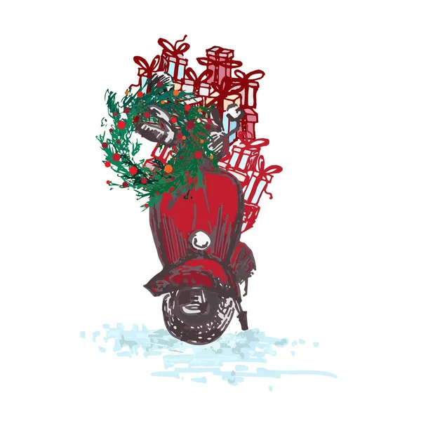 Neşeli Noel kartı. Kırmızı küçük motosiklet köknar çelenk ile dekore edilmiş kırmızı topları ve beyaz arka plan üzerinde izole hediyeler — Stok Vektör
