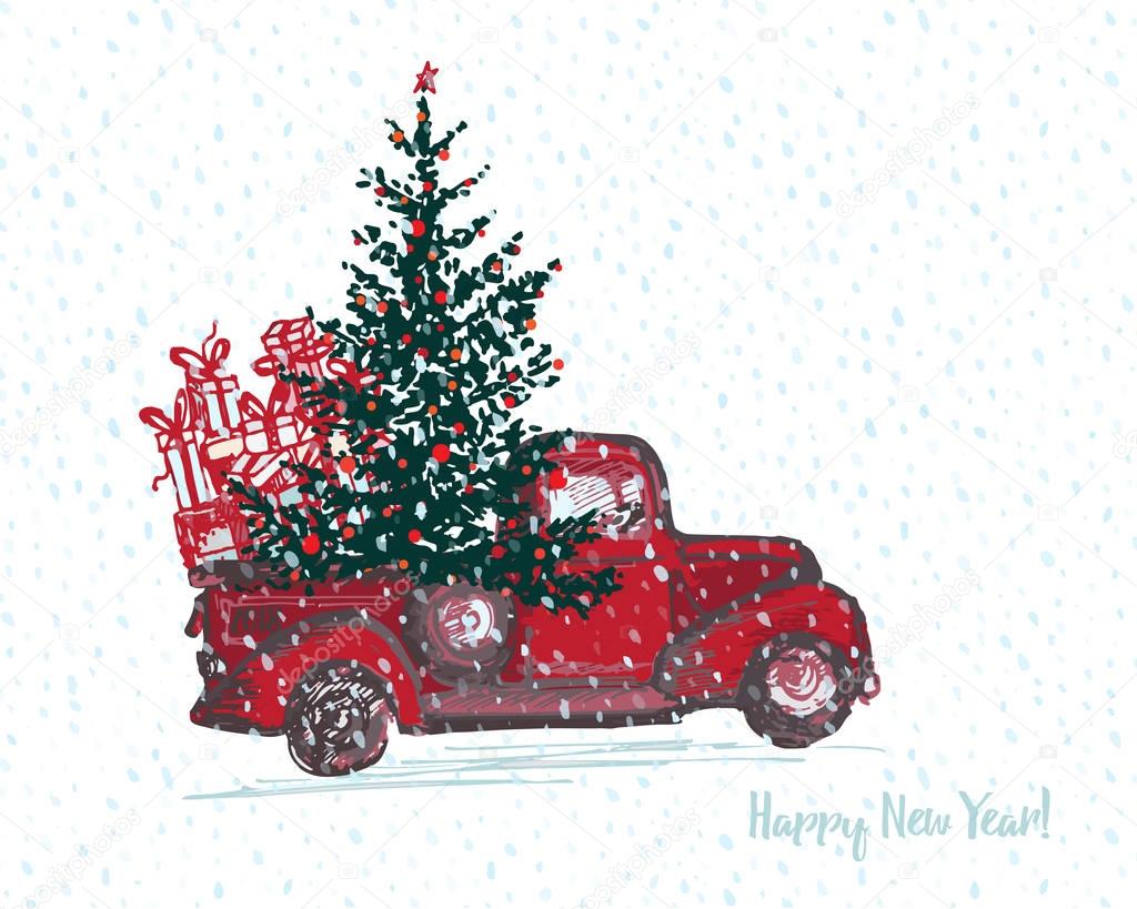 Festive New Year 2018 card. Red truck with fir tree decorated red balls White snowy seamless background