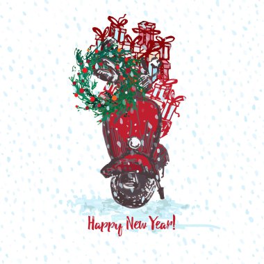 Neşeli Noel kartı. Kırmızı küçük motosiklet köknar çelenk ile dekore edilmiş kırmızı topları ve hediyeler. Beyaz karlı sorunsuz arka plan ve metin mutlu yeni yıl