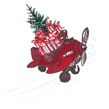 Neşeli Noel kartı. Kırmızı ve beyaz arka plan üzerinde izole çatıda hediyeler kırmızı uçak köknar ağacı ile dekore edilmiş