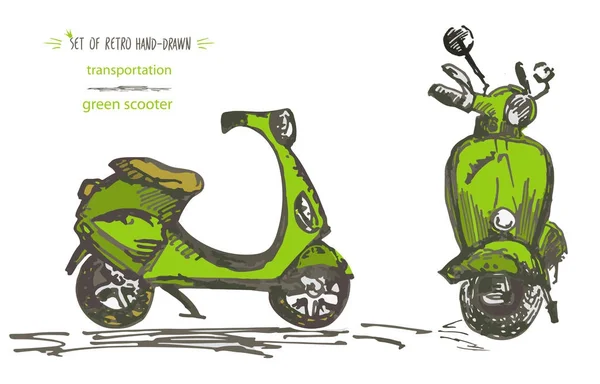 Набор зеленых скутеров ручной работы. Эскиз кисти чернил — стоковый вектор