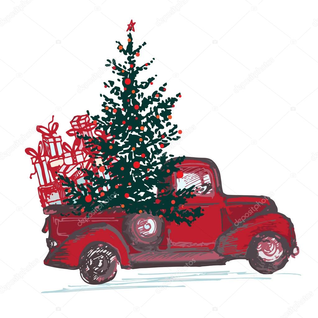 Festive New Year 2018 card. Red truck with fir tree decorated red balls isolated on white background