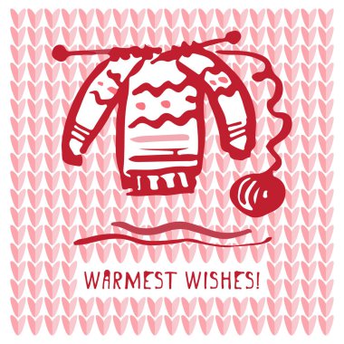 Şirin örgü kazak, Warmest dilek vintage retro tasarımları metinle Merry Noel tebrik kartı el ile çizilmiş.