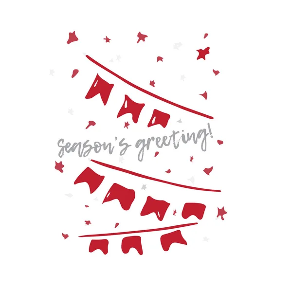 Tarjeta de Navidad y Año Nuevo festiva dibujada a mano con símbolos navideños, bandera e inscripción de saludo caligráfico — Vector de stock