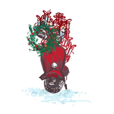 Neşeli Noel kartı. Kırmızı küçük motosiklet köknar çelenk ile dekore edilmiş kırmızı topları ve beyaz arka plan üzerinde izole hediyeler