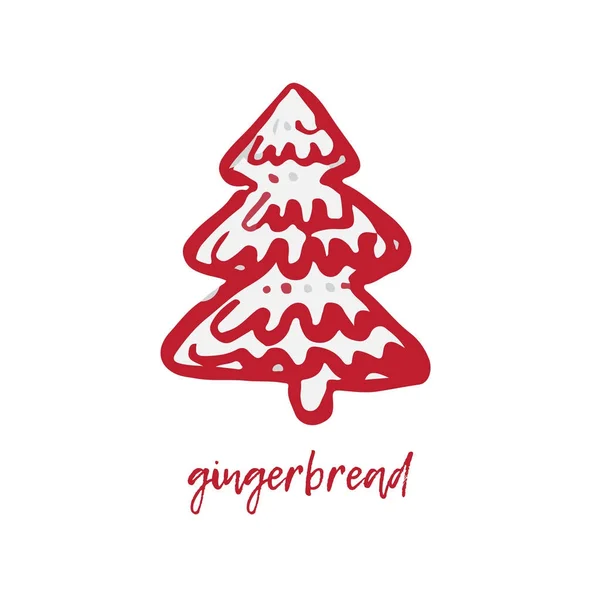 Ručně kreslené slavnostní vánoční a novoroční karta s dovolenou symboly perník strom a kaligrafický nápis s pozdravem — Stockový vektor