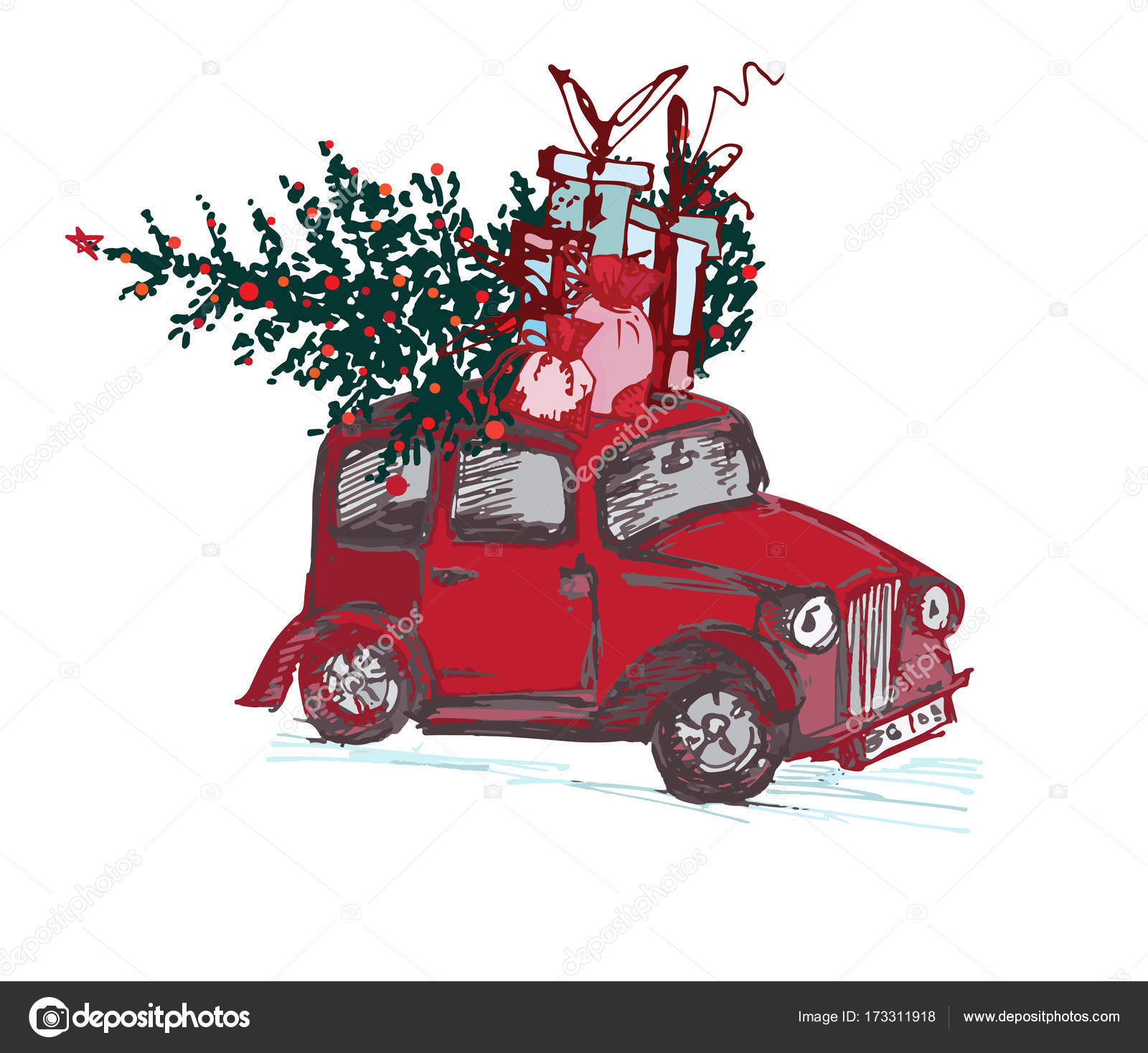 Festive New Year 2018 Card Red Taxi Cab With Fir Tree Decorated
