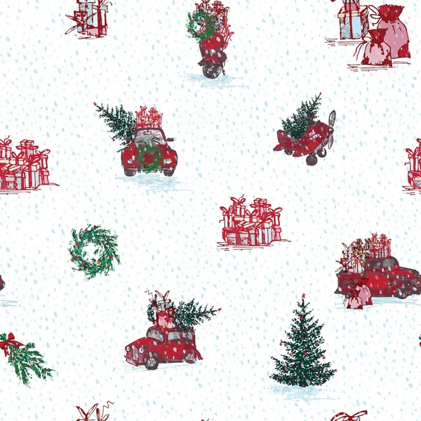 老式无缝圣诞图案手绘风格的白色背景。节日冬季礼品线图标 — 图库矢量图片