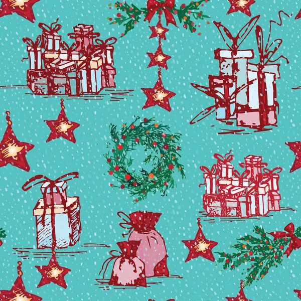 复古无缝圣诞图案手绘风格的绿色背景。节日冬季礼品线图标 — 图库矢量图片