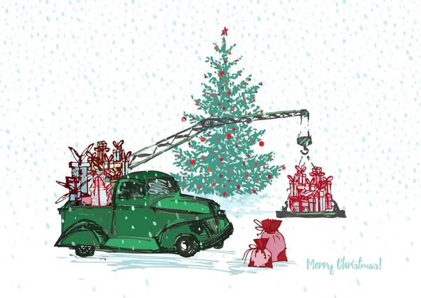 Festive New Year 2018 card. Green truck crane with fir tree decorated red balls and Christmas gifts isolated on white snowy background — Stock Vector