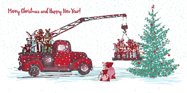 Cartão festivo de Ano Novo 2018. Guindaste caminhão vermelho com abeto decorado bolas vermelhas e presentes de Natal isolado no fundo branco nevado — Vetor de Stock