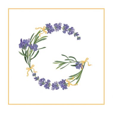 G harfi monogram. Lavanta çiçeği ilk işareti alfabesi