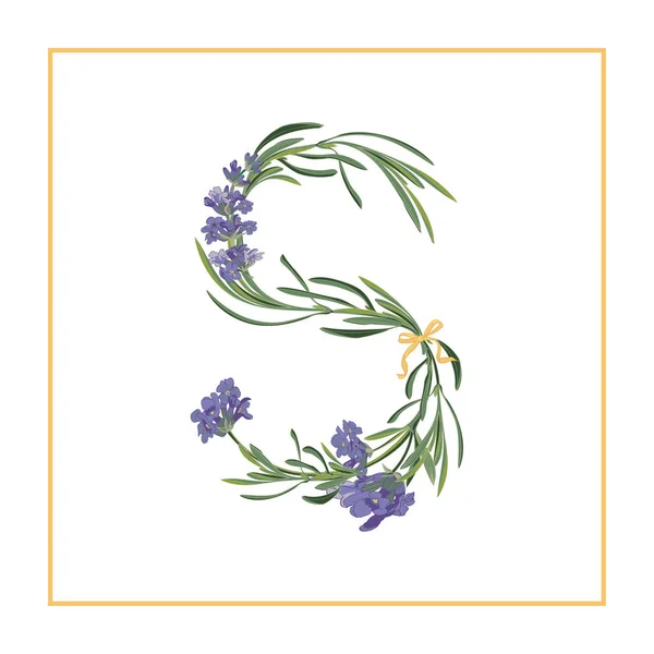 Bokstaven S monogram. Retro skylt alfabetet med lavendel blomma första — Stock vektor