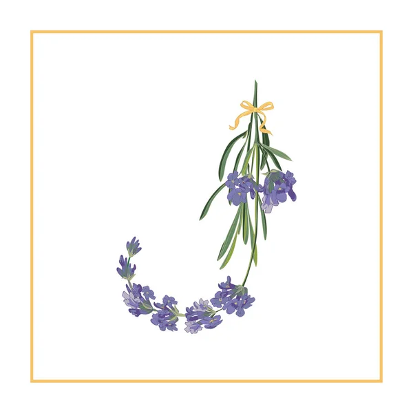 Letra J monograma. Alfabeto de signo retro con flor de lavanda inicial — Vector de stock