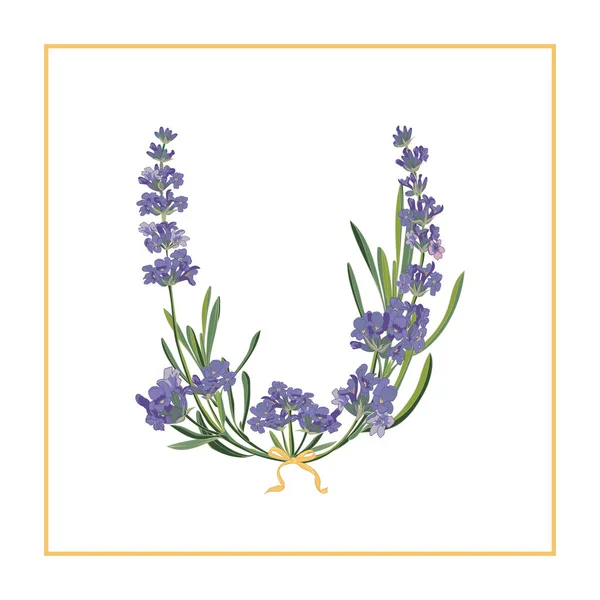 Letra U monograma. Alfabeto de signo retro con flor de lavanda inicial — Vector de stock