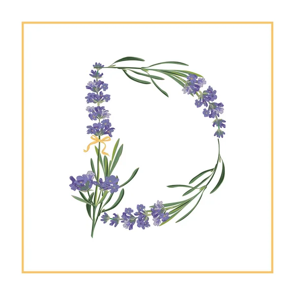 Monograma letra D. Alfabeto de signo retro con flor de lavanda inicial — Vector de stock