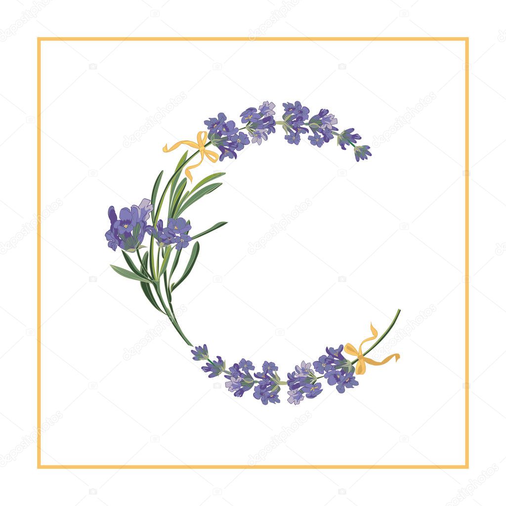 Letter C monogram. Retro sign alphabet with lavender flower initial