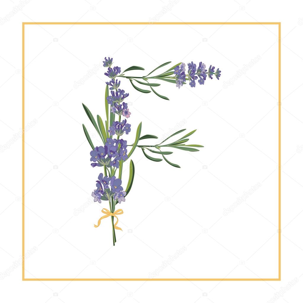 Letter F monogram. Retro sign alphabet with lavender flower initial