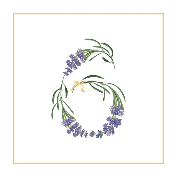 Siffran 6 monogram. Retro skylt alfabetet med lavendel blomma första — Stock vektor