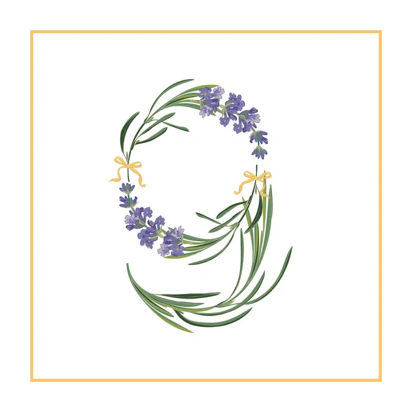 Dígitos 9 monogramas. Alfabeto de signo retro con flor de lavanda inicial — Vector de stock