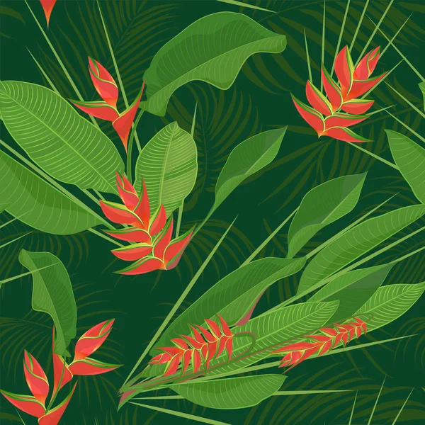 Rama flor heliconia tropical deja un fondo sin costuras. Dibujo realista acuarela en estilo de color plano. aislado sobre fondo blanco — Archivo Imágenes Vectoriales