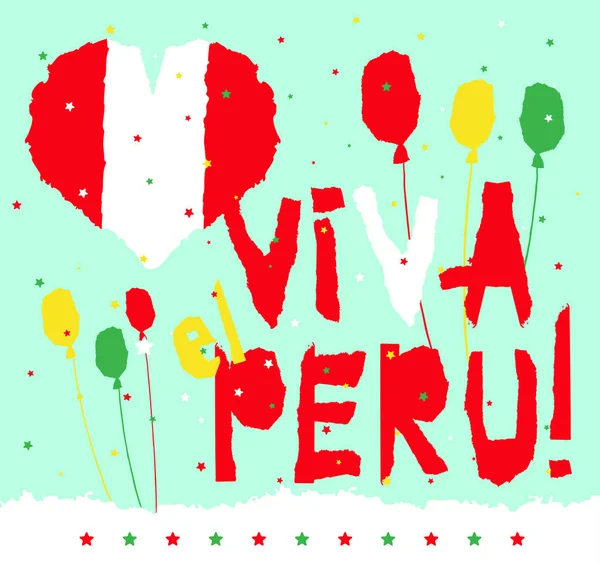 Flat fiestas patrias design card with text fiestas patrias in Peru national state flag colors Vintage grunge rasn paper style . — Vector de stock
