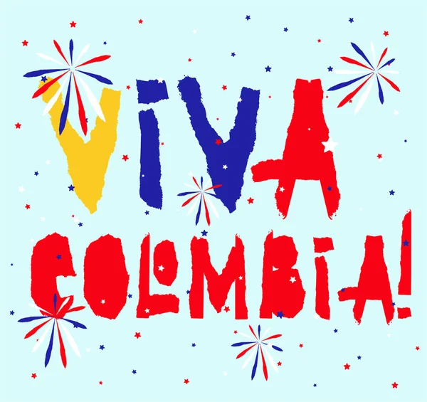 Fiesta plana patrias diseño tarjeta con texto Viva Colombia en colores bandera del estado Vintage grunge rasgado estilo papel . — Vector de stock